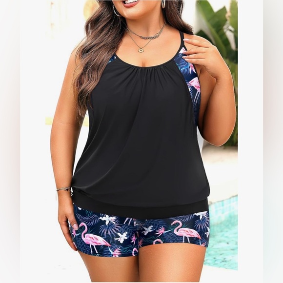Holipick Flamingo Swimsuit Two Piece Tummy Control Tankini Boy Shorts 16W NWT - Picture 5 of 8